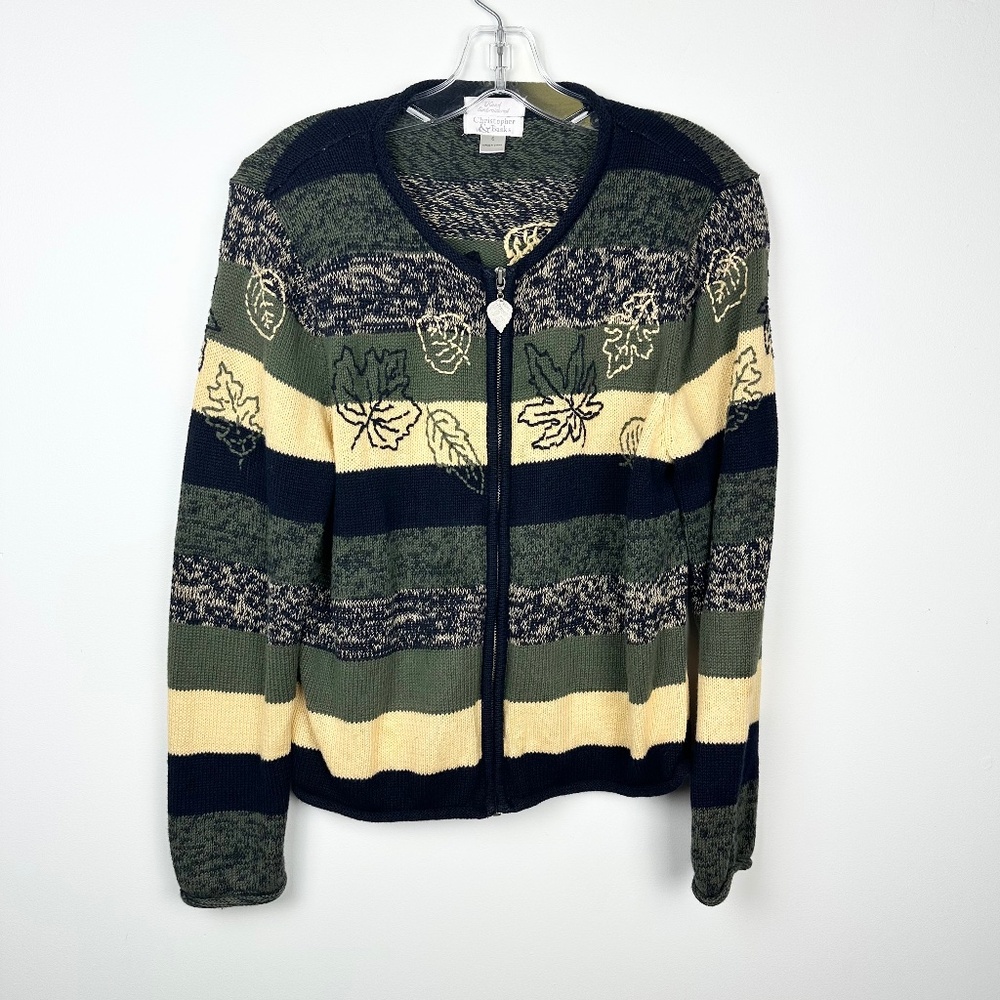 Vintage Christopher & Banks Hand Embroidered Fall Leaves Striped Zip Cardigan S